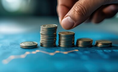 Businessman stacking coins on financial chart, symbolizing growth and success