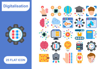 Digitalization Flat Icons Set, Collection of 25 Digitalization Flat Icons Set - 25 Vector Icons for Technology, Digital Transformation, Automation & Innovation