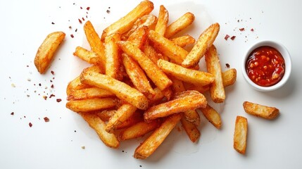 Top-down view of a portion of chili cheese fries, rich and savory, isolated on white background