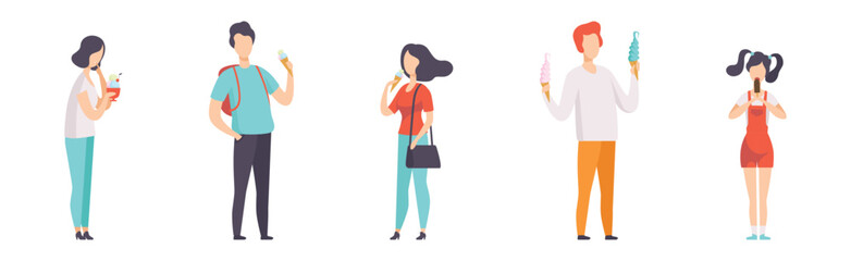 People Eating Ice Cream Walking Outdoor at Summer Vector Set