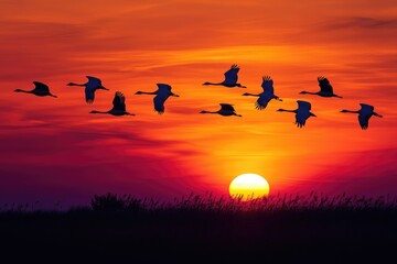 Obraz premium Silhouetted birds fly in formation against a vibrant sunset sky.