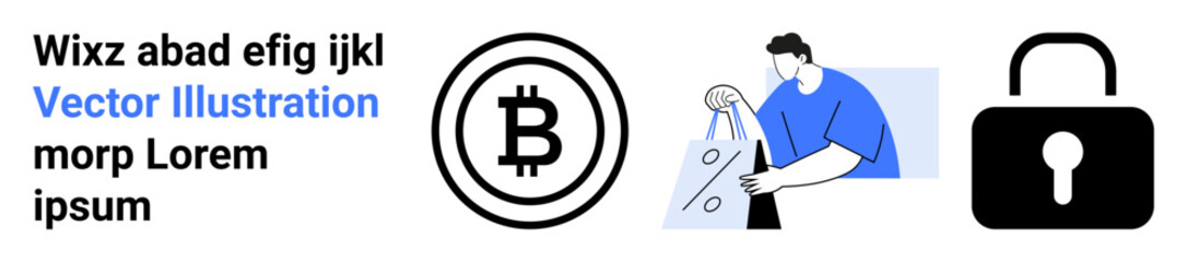Cryptocurrency symbol beside illustration of person making online purchase and a secure lock icon. Ideal for finance, shopping, technology, security, digital marketing, online payments, data privacy