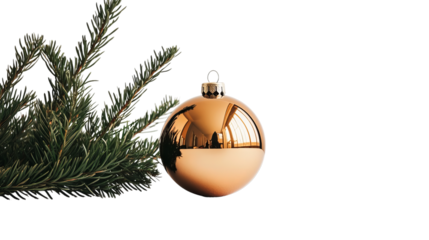Png of A shiny copper Christmas ornament hangs beside a green pine branch, evoking holiday cheer on transparent background.