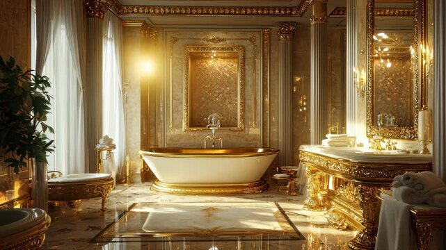 Luxurious golden bathroom with sunlit elegance and ornate decor