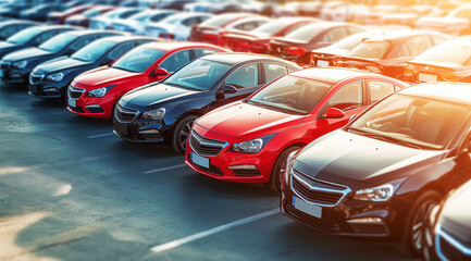 Row of Cars in a Parking Lot with a Standout Bright Red Vehicle – High-Resolution Automotive Photography for Advertising and Sales Promotion