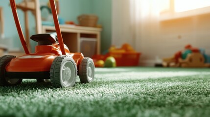 Fototapeta premium A charming and playful image featuring a child's toy lawnmower resting on artificial turf, symbolizing youth and the innocence of childhood in a colorful environment.