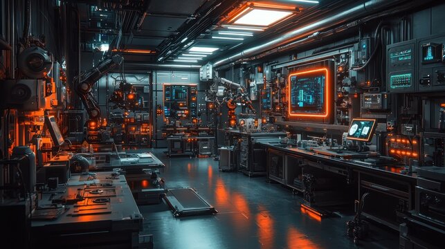 Immersive view of a futuristic technology lab with robotic equipment and monitors