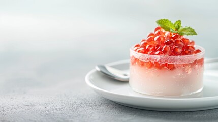 A Glass of Pomegranate Jelly Dessert with a Sprig of Mint