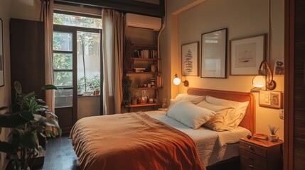A Cozy Bedroom Decorated With Furniture And Artwork Nicely