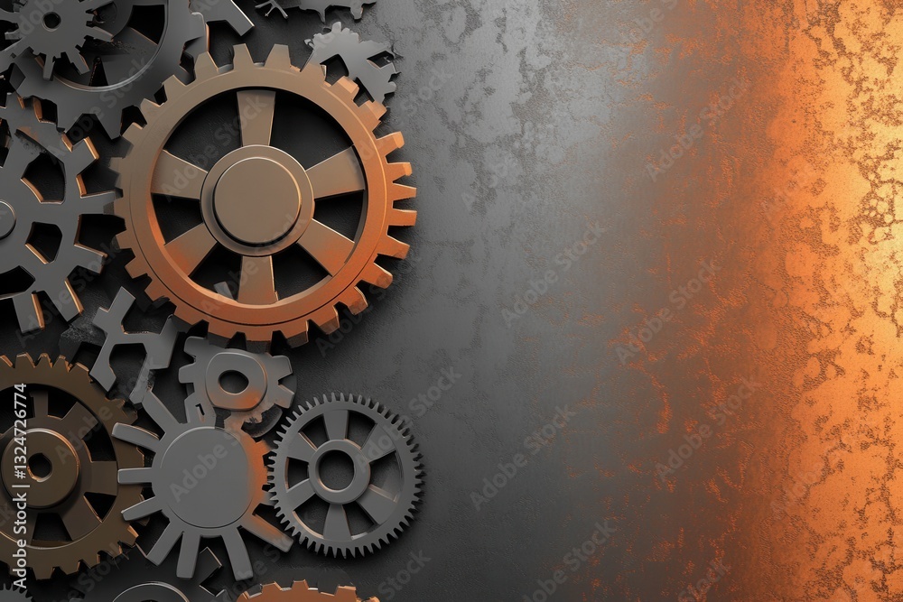 Fototapete industrial backdrop featuring large gears in gray and rust tones with a metallic gradient perfect fo