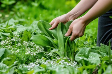 Female hands picking fresh young ramsons or wild garlic leaves in a forest on a spring day