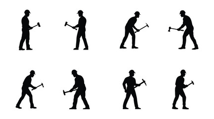 Construction Worker Silhouette Set: Hammering and Digging Actions for Industry Design