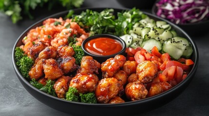 Top-down view of a spicy buffalo wings platter with dipping sauce, isolated on white background