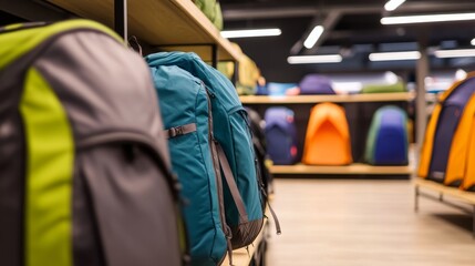 Colorful backpacks displayed on shelves in a modern retail store with bright lighting and organization