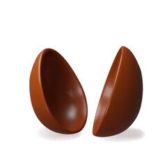 3d half kids chocolate easter egg. Three-dimensional vector illustration. Holiday sweet food. Cocoa candy gift present for spring celebration. Realistic confectionery tradition symbol eggshell
