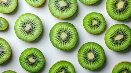Fototapeta premium Top-down view of a whole and sliced kiwi, vibrant green flesh, isolated on white background