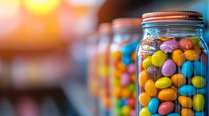 Colorful candy-filled jars lined up on a shelf, glowing sunset in the background