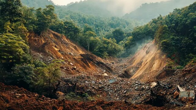 Landslide with rockfall in the mountains. Dust cloud in the air. Concept of natural disaster. Dangerous area with landslide and mudflow threat. Theme of environmental geology.