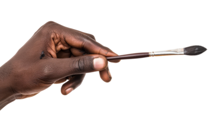 Hand holding paintbrush on transparent background, painting concept