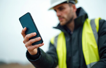 Engineer holds smartphone with blank screen. Construction worker in safety jacket with mobile phone. Building industry occupation concept. Architect, foreman uses phone app at construction site.