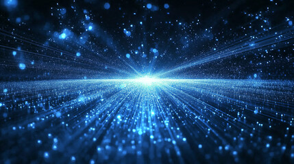 Obraz premium A futuristic visual of blue rays of light or digital data points radiating outward against a dark backdrop.