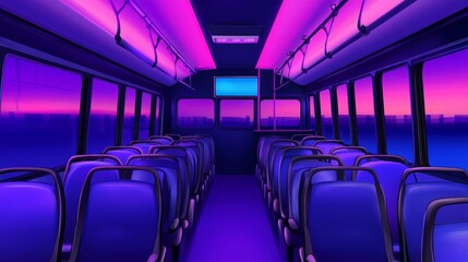 Fototapeta premium Interior view of a modern bus at dusk, showcasing vibrant purple and blue lighting effects