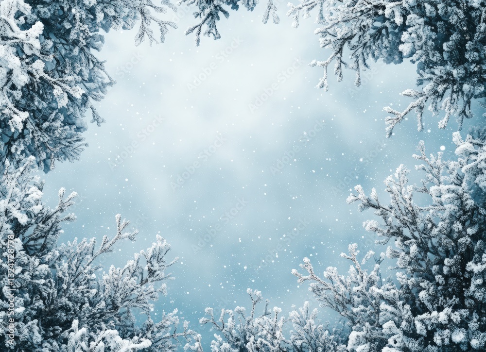 Poster winter wonderland background with falling snow and frosted branches