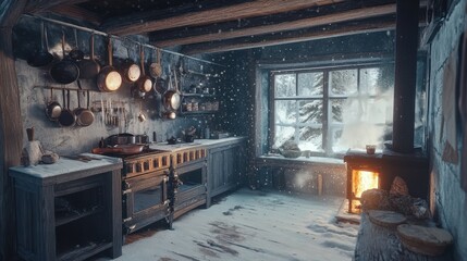 A warm wintery kitchen interior scene with cooking pots