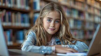 Attractive happy little girl student studying at the college library sitting at the desk using laptop computer