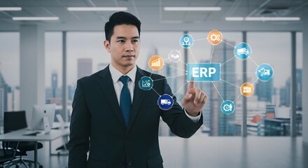 Obraz premium Enterprise Resource Planning (ERP) System Businessman Interacting with Virtual Interface