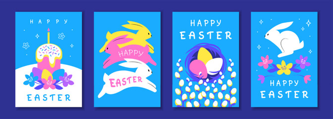 Happy Easter greeting card with white rabbit and flowers on blue background. Colorful poster design templates with handwritten lettering. Vector illustration in modern art minimalist style.