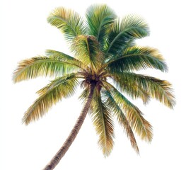 Vibrant Coconut Palm Tree Against Clear Sky Background with Lush Green Leaves and Textured Trunk for Tropical Aesthetic and Nature Themes