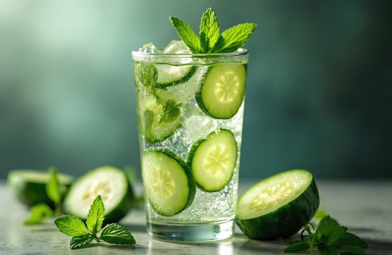 Glass of refreshing detox water with cucumber slices, mint leaves, ice cubes. Healthy lifestyle beverage for diet, wellness. Summer drink composition. Freshness, hydration concept on light background.