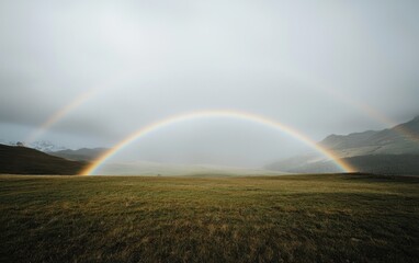 Obraz premium Double Rainbow Over Lush Green Field and Rolling Hills