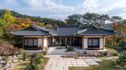 Obraz premium A traditional Asian house surrounded by lush trees and plants