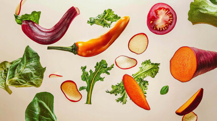 Composition of various vegetables and slices, all flying, light natural background