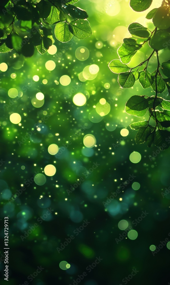 Poster Green bokeh background with leaves and sunlight creating a magical atmosphere