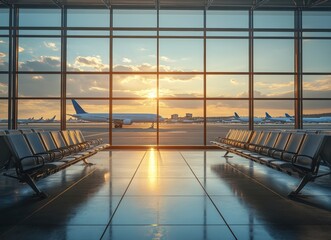 Empty airport waiting area with airplane during sunset