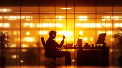 A silhouetted figure works at a desk in a high-rise office with a sunset visible through the window