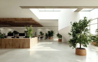 Bright Modern Office Interior with Skylight and Potted Plants