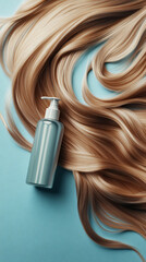 Hair product bottle nestled within silky, light brown strands of straight hair, gracefully arranged on a soft blue background. Elegant and luxurious feel. Vertical banner with, minimal aesthetic.