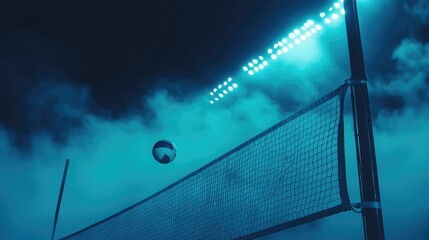 Fototapeta premium A volleyball and net under stadium floodlights, creating a cinematic effect.