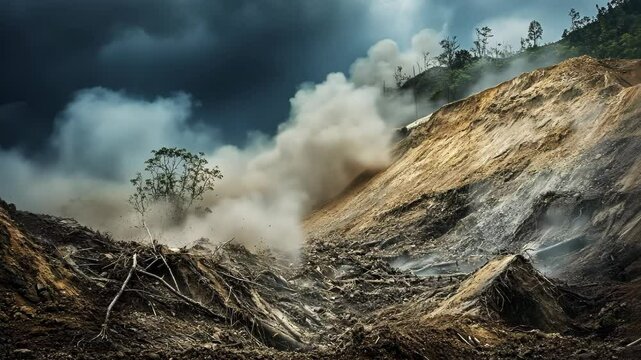 Landslide with rockfall in the mountains. Dust cloud in the air. Concept of natural disaster. Dangerous area with landslide and mudflow threat. Theme of environmental geology.