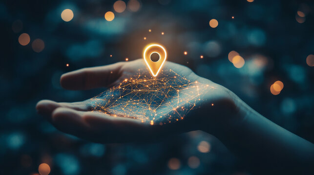 Abstract technology pin on hand. Location and GPS concept. Digital one pin icon hologram and human palm on dark blue background in futuristic low poly style. Geometric polygonal vector illustration