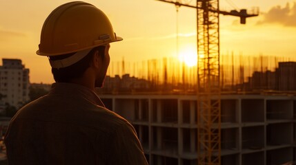Construction worker observing sunset over a building site with cranes and urban skyline