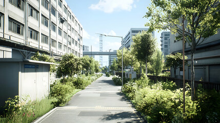 Fototapeta premium Urban Street View With Buildings Trees And Blue Sky In Daylight