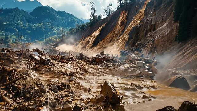 A landslide, mudflow that occurred in a forested mountainous area. A large amount of mud flows down the slope