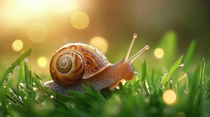 Closeup view of snail on grass in Spring