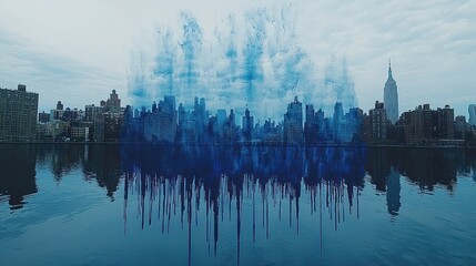 Fototapeta premium Urban landscape with watercolor effect and reflection over still water surface