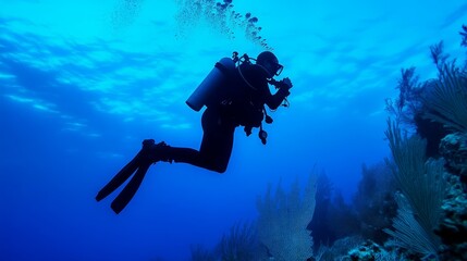 Diver exploring vibrant underwater coral reef, surrounded by marine life in clear blue ocean